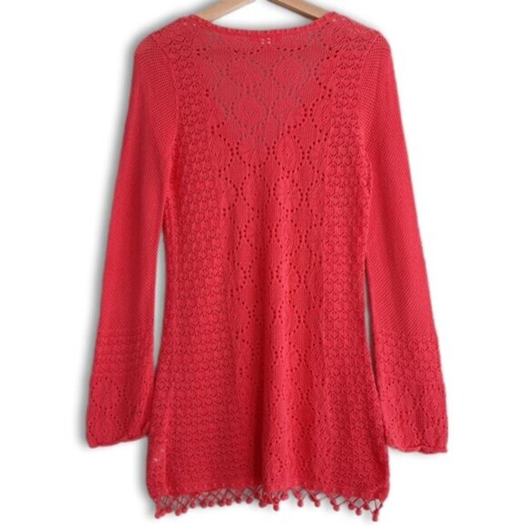 LILLY PULITZER / Pom-Pom Trim V-Neck Knit / Crochet Tunic Top Bright Pink Sz M - Picture 11 of 16